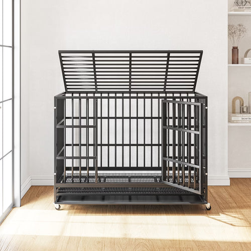 42 Inch Heavy Duty Dog Crate Cage with Wheels for Indoor, Large Dog Kennel with Removable Tray