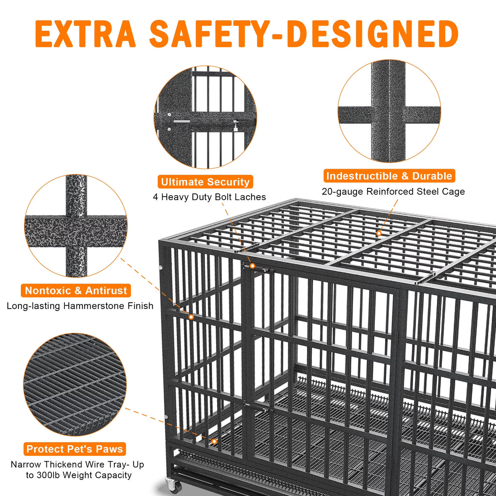 48/38 Inch Heavy Duty Indestructible Dog Crate Cage Kennel for Large Dogs, High Anxiety Dog Crate with Removable Crate Trays, Wheels and Double Door, Extra Large XL XXL Escape Proof Dog Crate