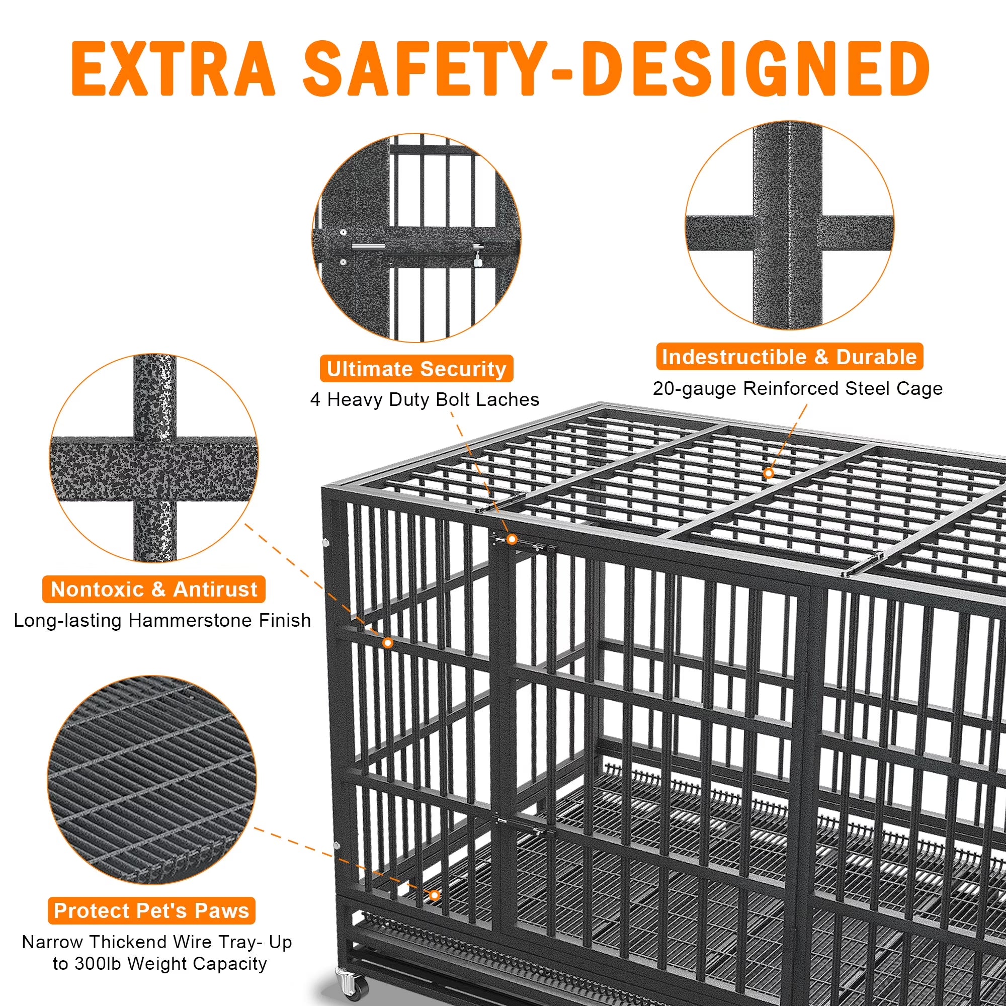 48/38 Inch Heavy Duty Indestructible Dog Crate Cage Kennel for Large Dogs, High Anxiety Dog Crate with Removable Crate Trays, Wheels and Double Door, Extra Large XL XXL Escape Proof Dog Crate