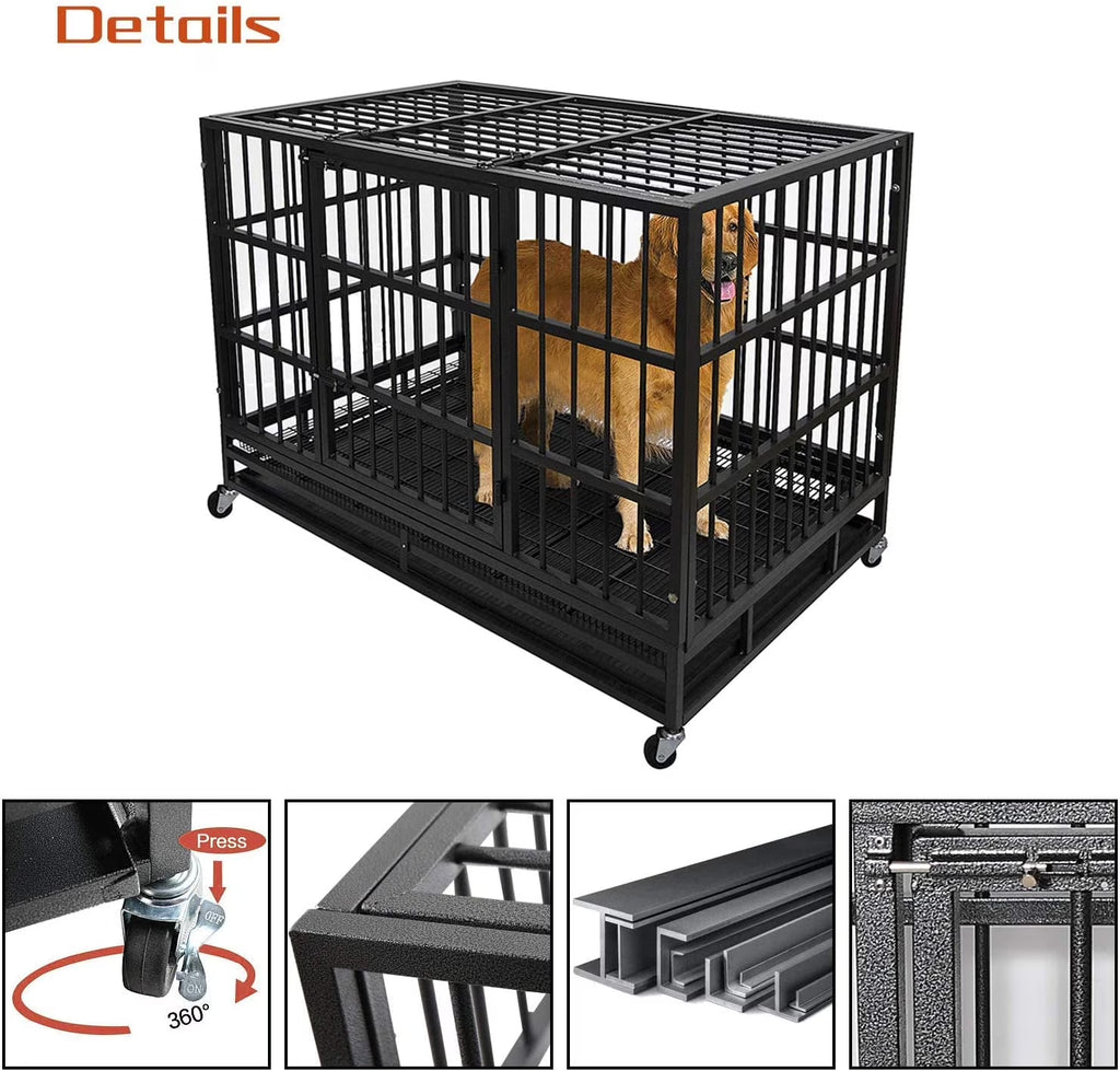 42 Inch Heavy Duty Dog Crate Cage with Wheels for Indoor, Large Dog Kennel with Removable Tray