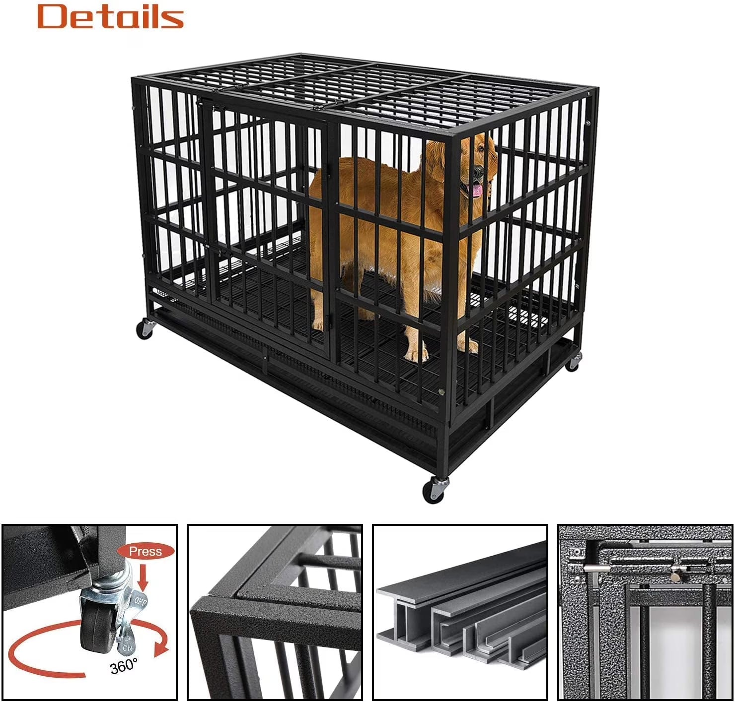 42 Inch Heavy Duty Dog Crate Cage with Wheels for Indoor, Large Dog Kennel with Removable Tray