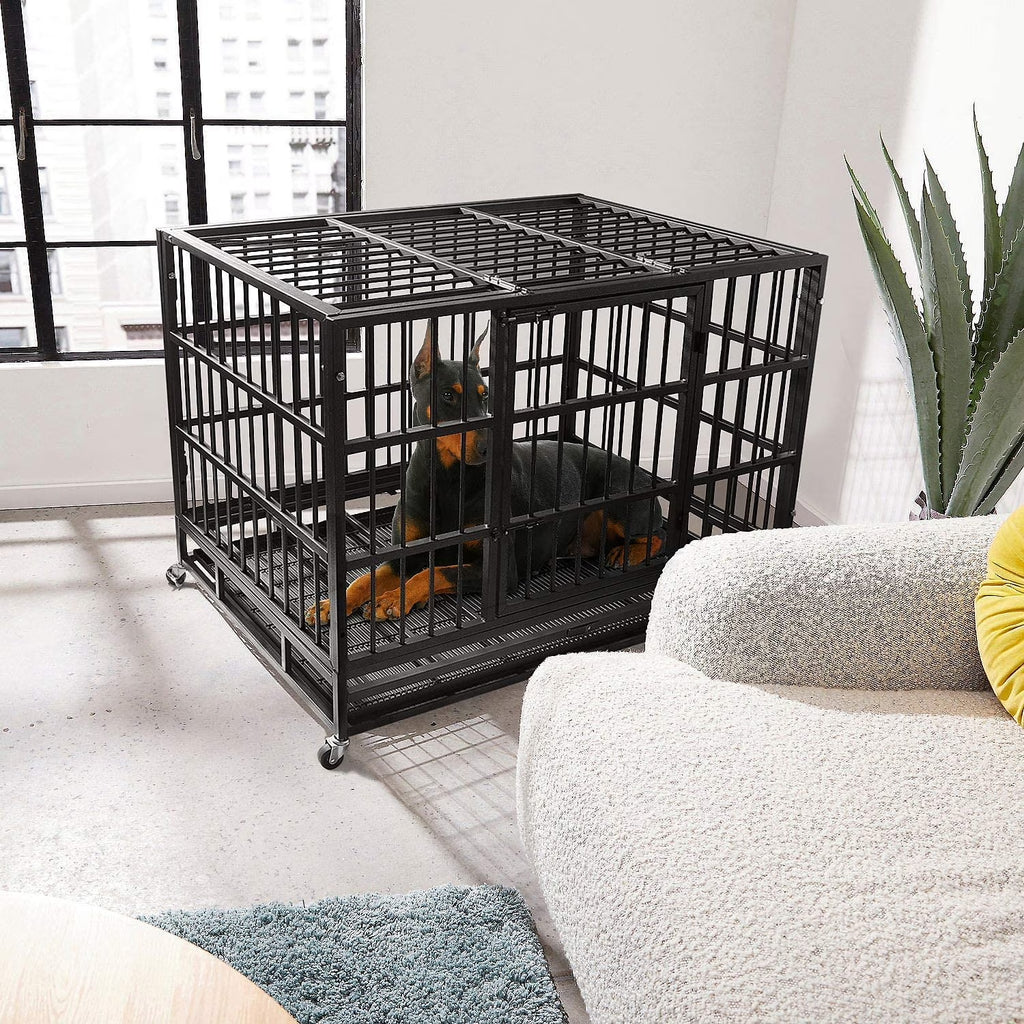 42 Inch Heavy Duty Dog Crate Cage with Wheels for Indoor, Large Dog Kennel with Removable Tray