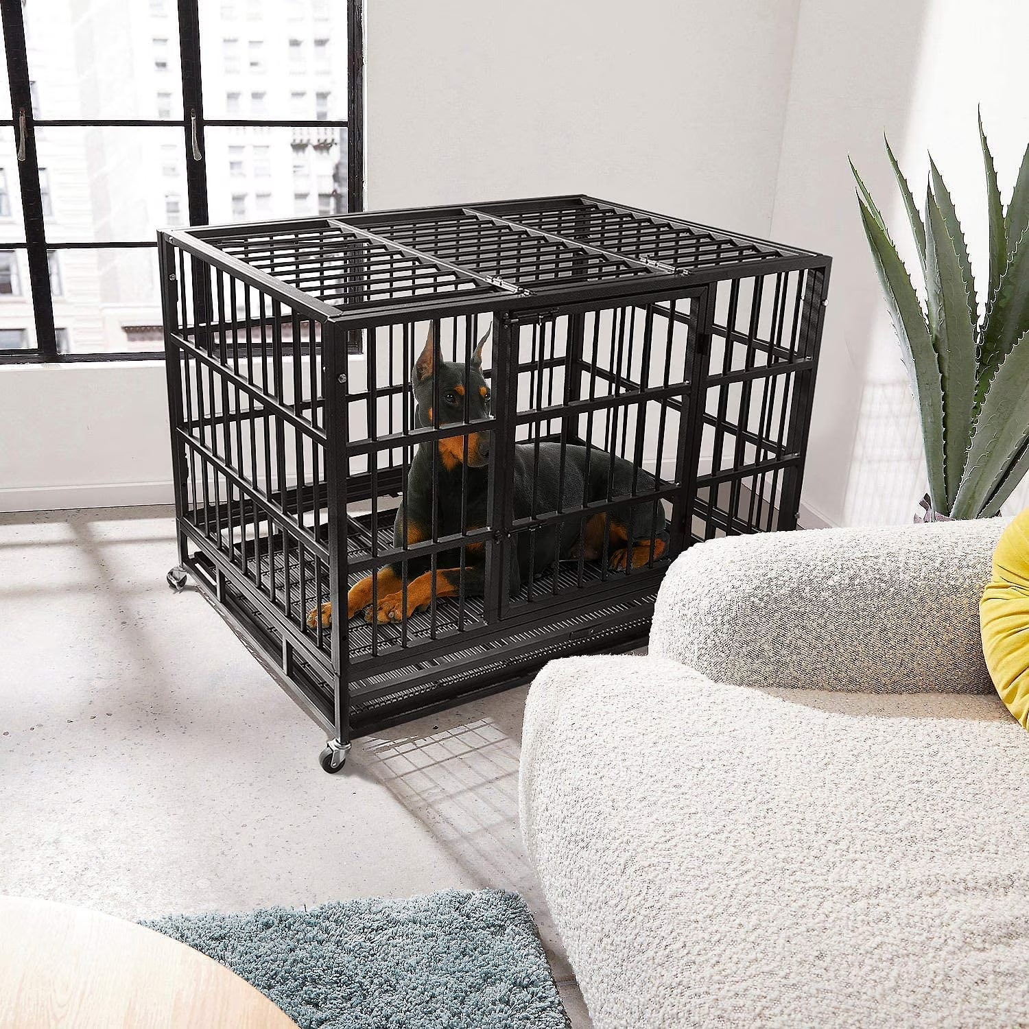 42 Inch Heavy Duty Dog Crate Cage with Wheels for Indoor, Large Dog Kennel with Removable Tray